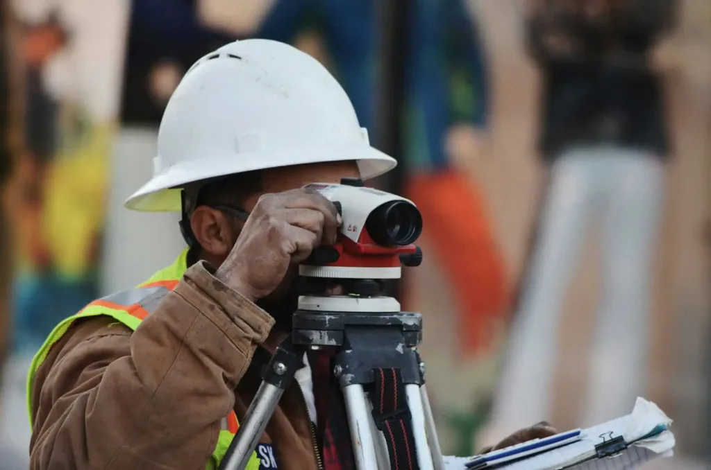 A Millman National Land Services surveyor with a dumpy level in the field for property surveying