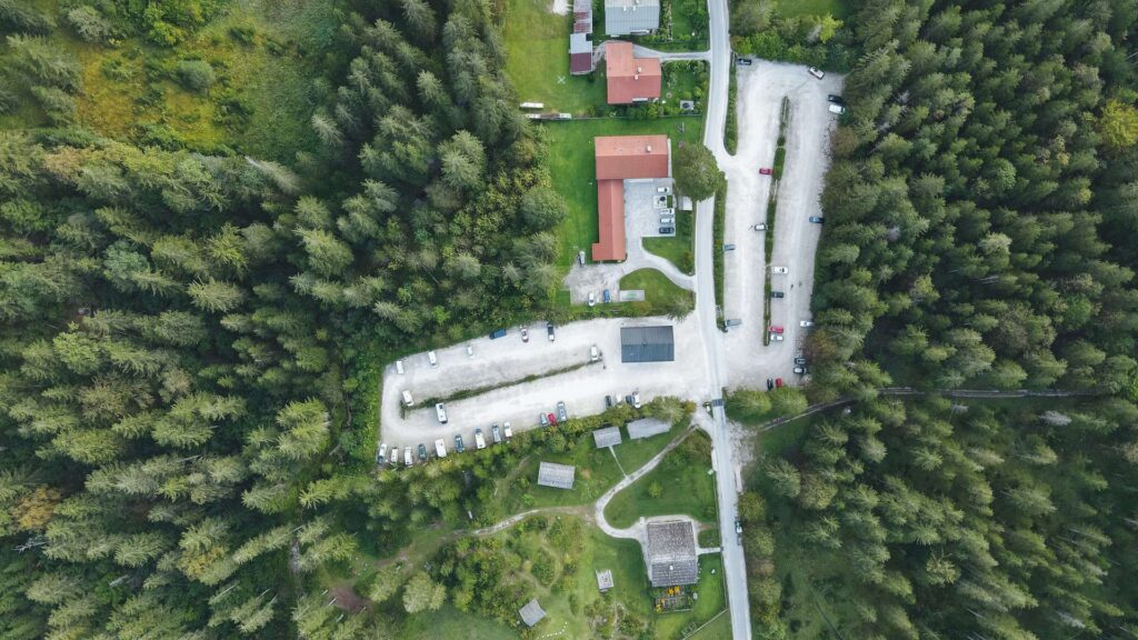 aerial view of green trees and white building