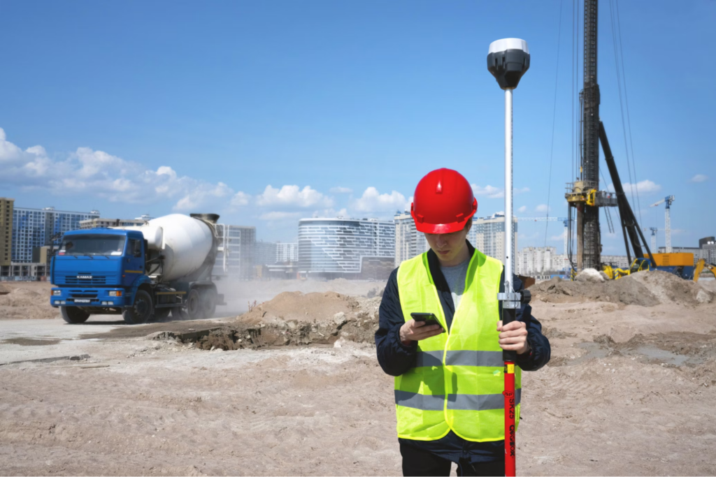 man in black and yellow jacket wearing red helmet while surveying land