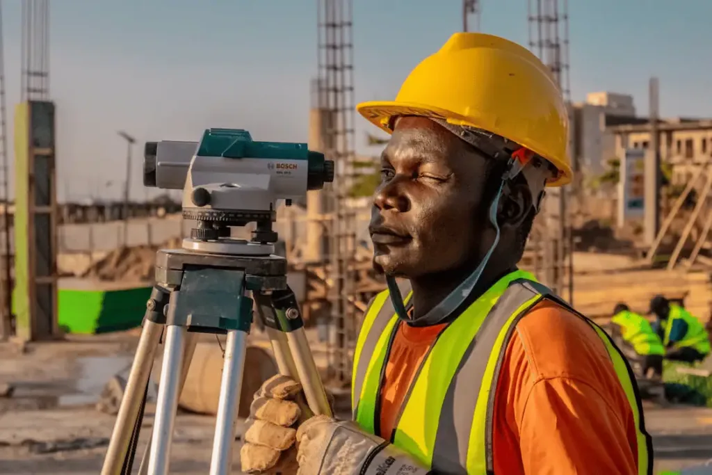 construction worker using survey equipment outdoors 