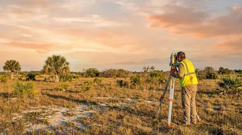 land surveyor working alone in an open field