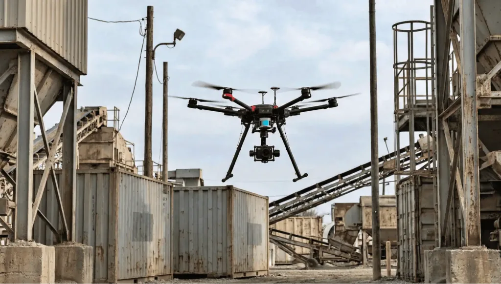 survey drone flying over an industrial worksite