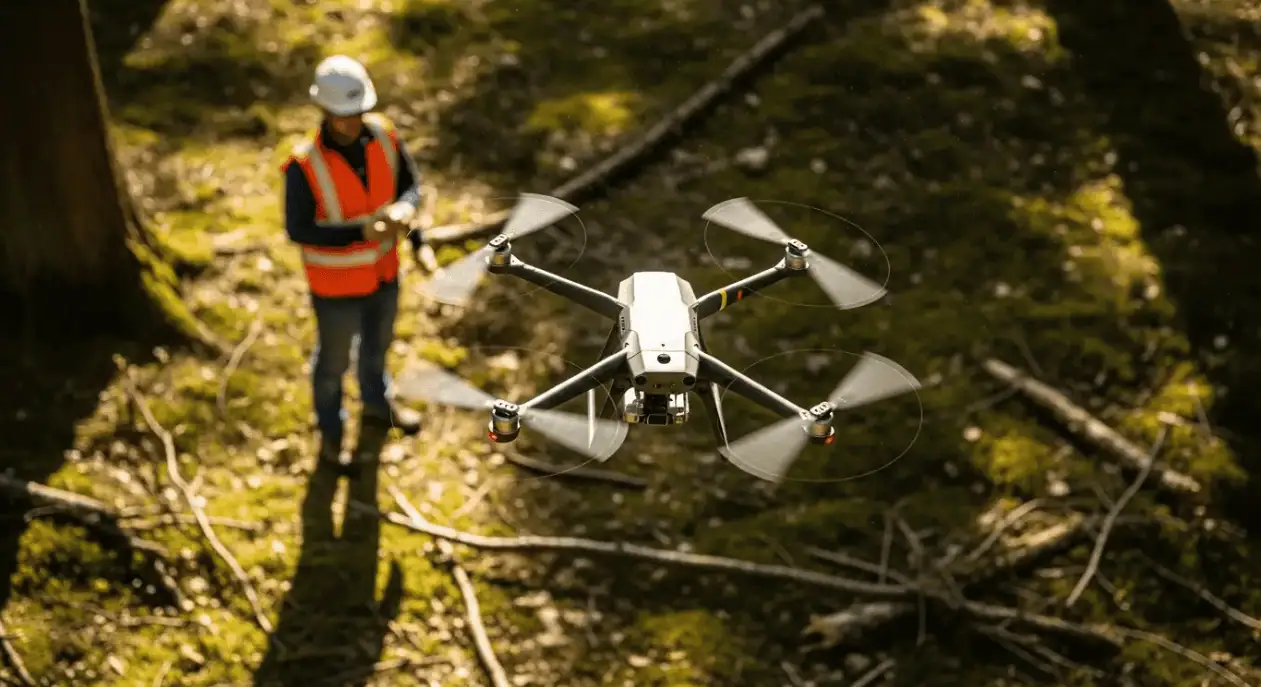 drone survey over clearing forest