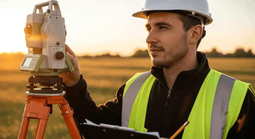 surveyor adjusting equipment at sunset