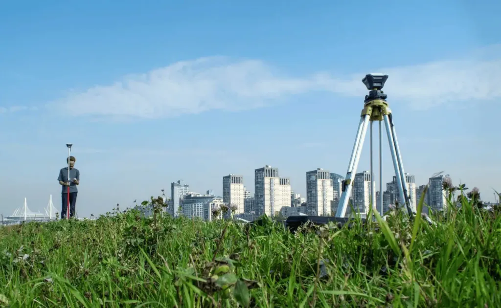 land survey with buildings in the background