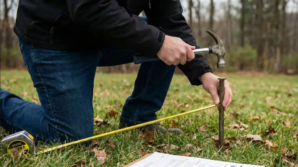 property boundary markers and survey equipment documenting commercial lot lines