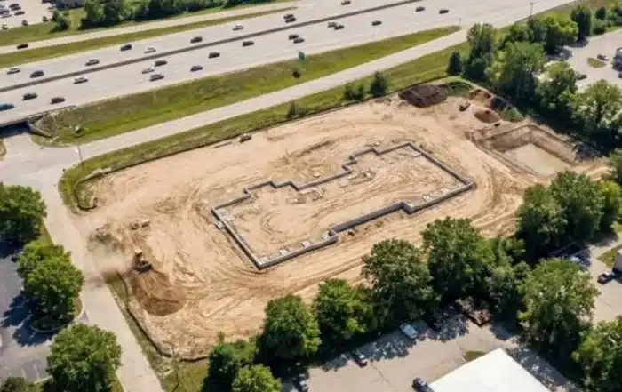 Aerial view of a commercial development site in Madison, Wisconsin showing property boundaries and surrounding infrastructure