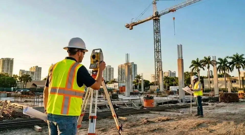 Commercial land surveyors conducting field measurements at a development site