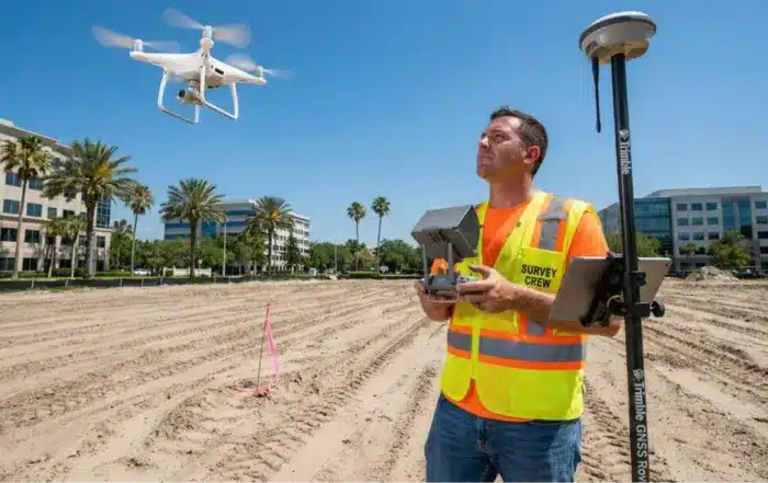 Professional surveyor using GPS equipment and drone technology on commercial property site in Tampa