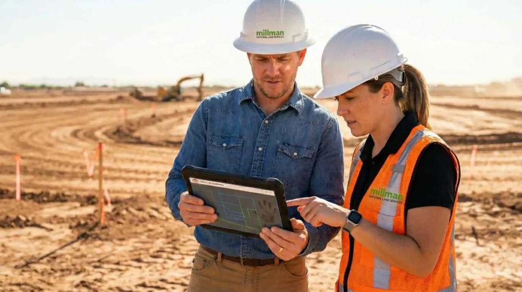 Two professionals reviewing digital land survey maps on a tablet at a sunny Mesa construction site.