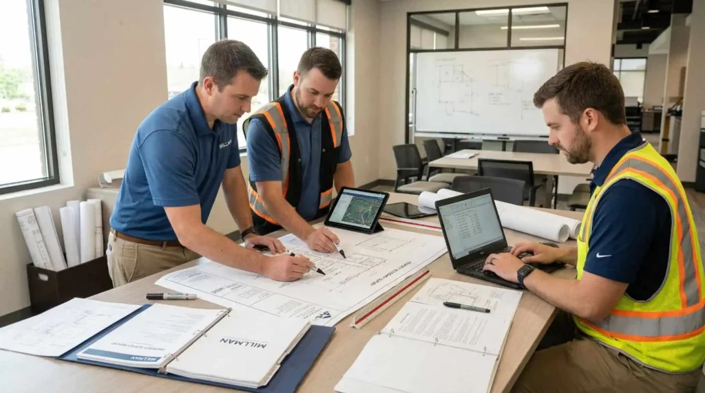 A team finalizing a property survey report mapping boundaries for a real estate client.