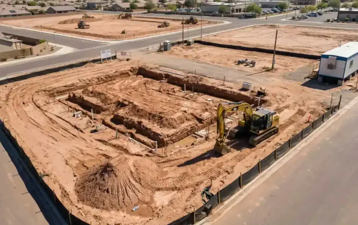 A clear aerial drone view of a commercial construction site in Mesa Arizona showing property boundaries.