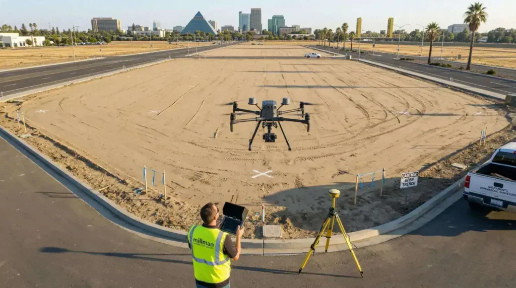 surveyors using GPS equipment to measure commercial land for construction
