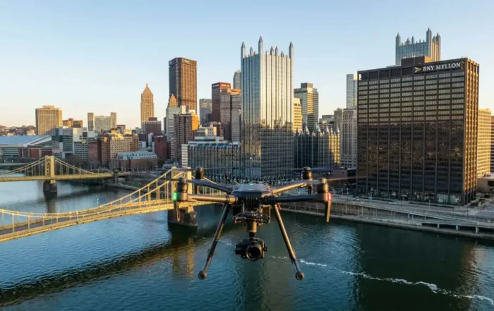 Wide view of downtown Pittsburgh commercial skyline with a surveying drone hovering in the foreground