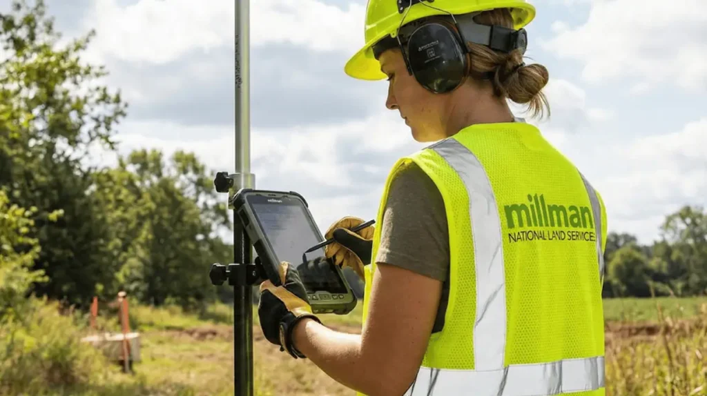 A professional surveyor using modern GPS equipment 
