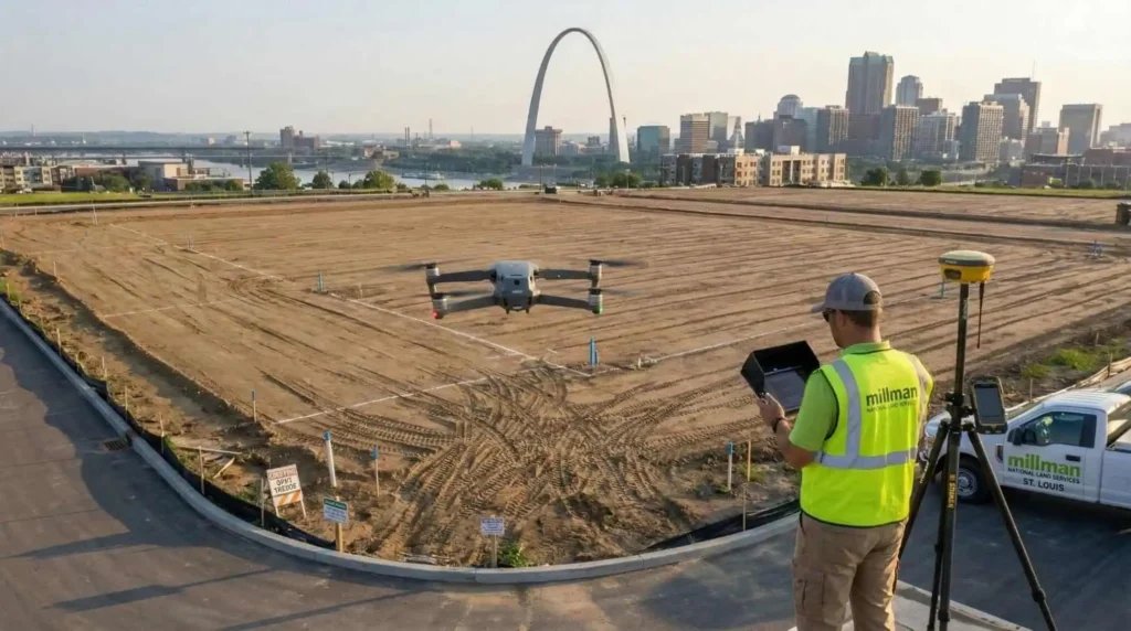 Aerial view of a commercial land surveyor in St Louis flying a drone over a commercial zoning site.