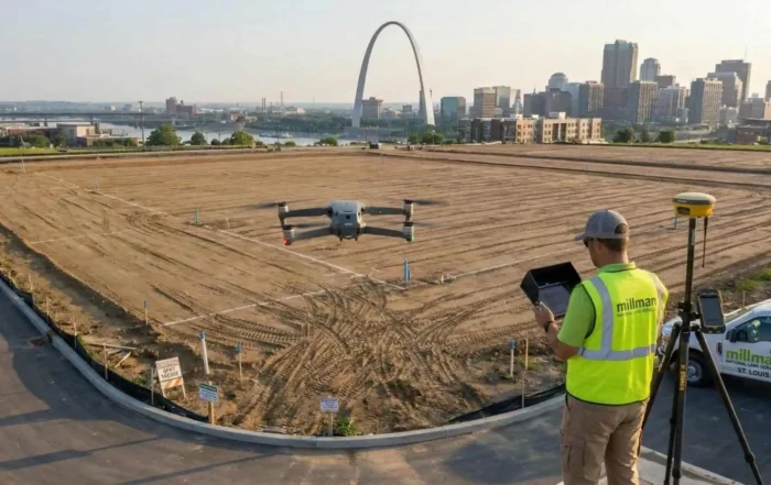 Aerial view of a commercial land surveyor in St Louis flying a drone over a commercial zoning site.