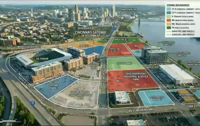 Aerial view of commercial real estate development in Cincinnati, Ohio showing surveyed land parcels and zoning boundaries