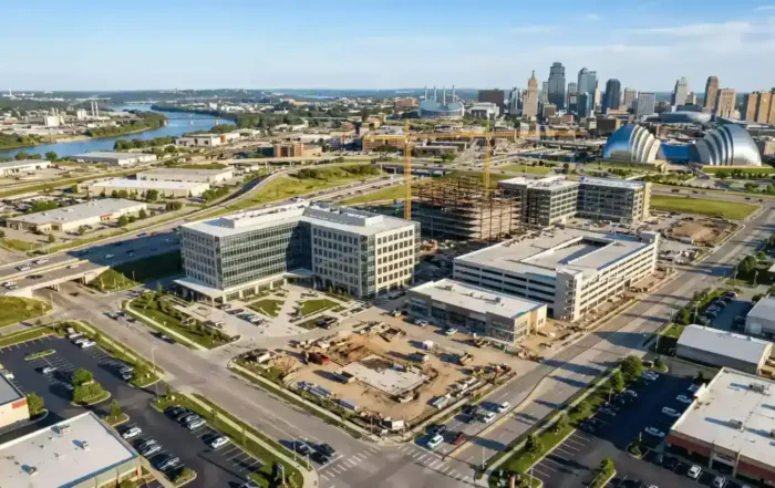 Aerial drone view of commercial real estate development in Kansas City, Missouri