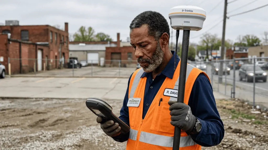 Licensed land surveyor reviewing survey maps and zoning documents at a Kansas City commercial property site