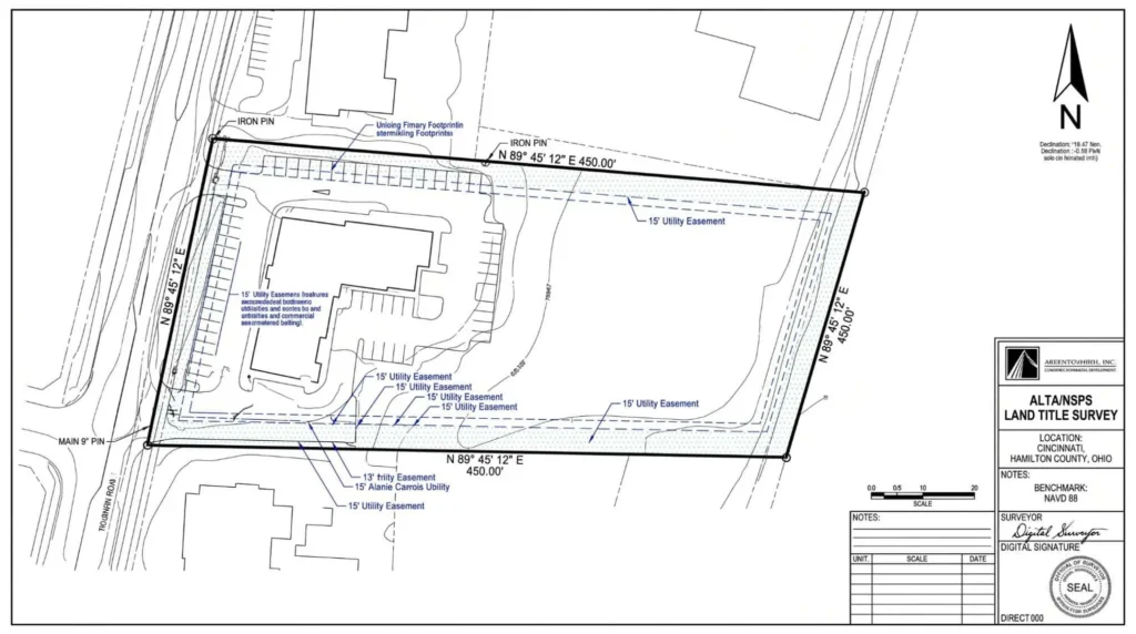 Commercial property survey plat showing boundary lines, easements, and ALTA land title survey details for a Cincinnati development site