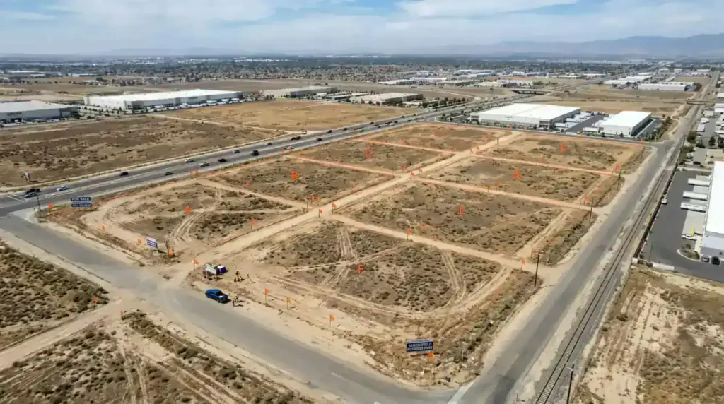 Aerial drone view of commercial land parcels in Bakersfield California with survey markers