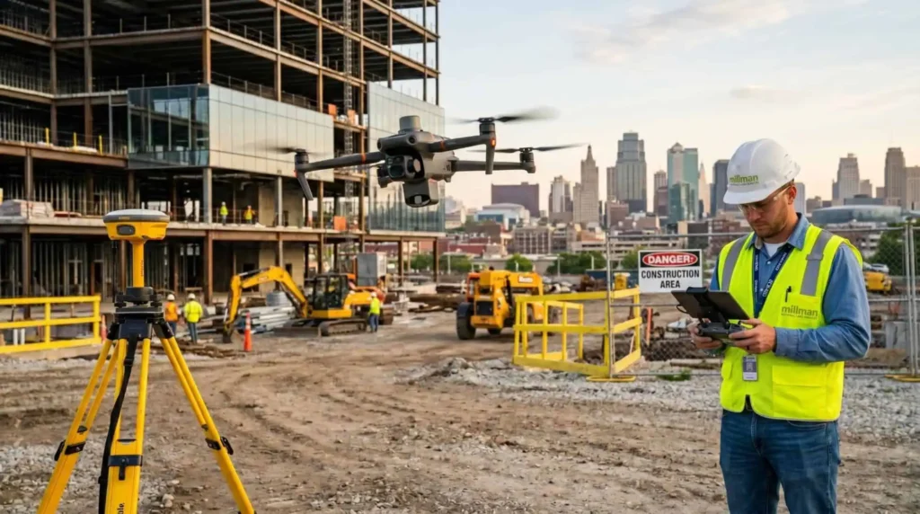 Drone survey equipment being used at a commercial construction site in Kansas City, Missouri