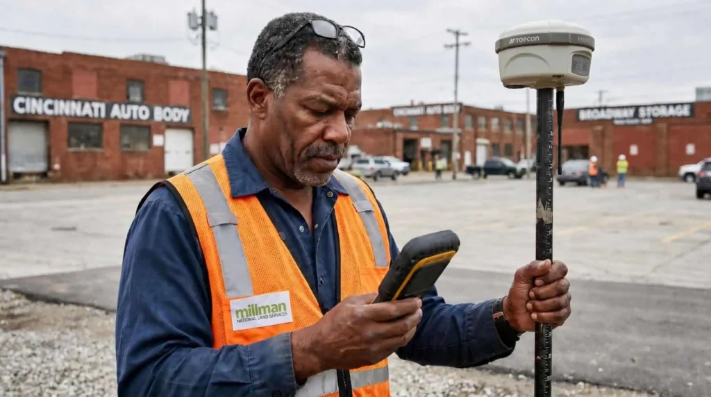 Licensed land surveyor using GPS equipment to conduct an ALTA survey on a commercial property in Cincinnati, Ohio